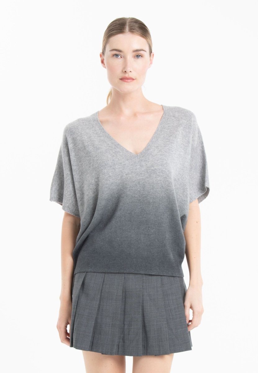 Women's light grey & charcoal grey tie-dye cashmere batwing V-neck jumper - RIA 7B