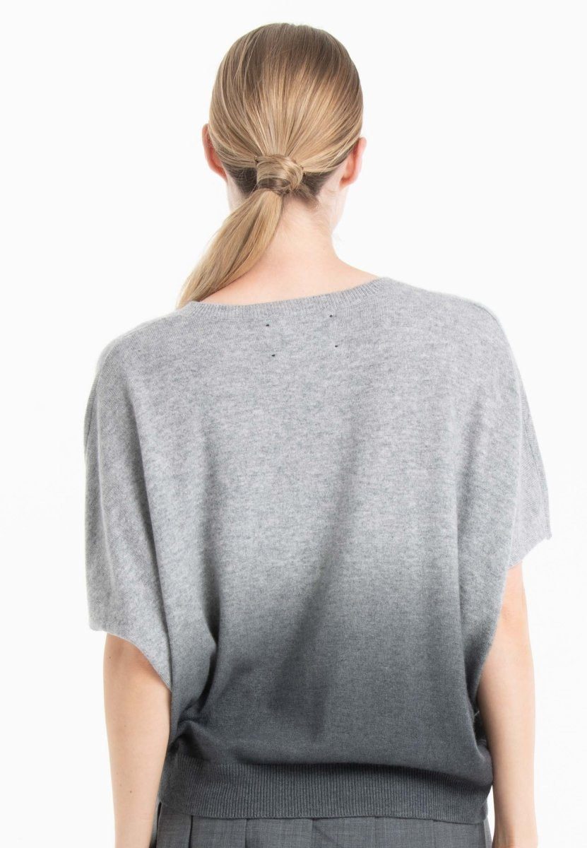 Women's light grey & charcoal grey tie-dye cashmere batwing V-neck jumper - RIA 7B