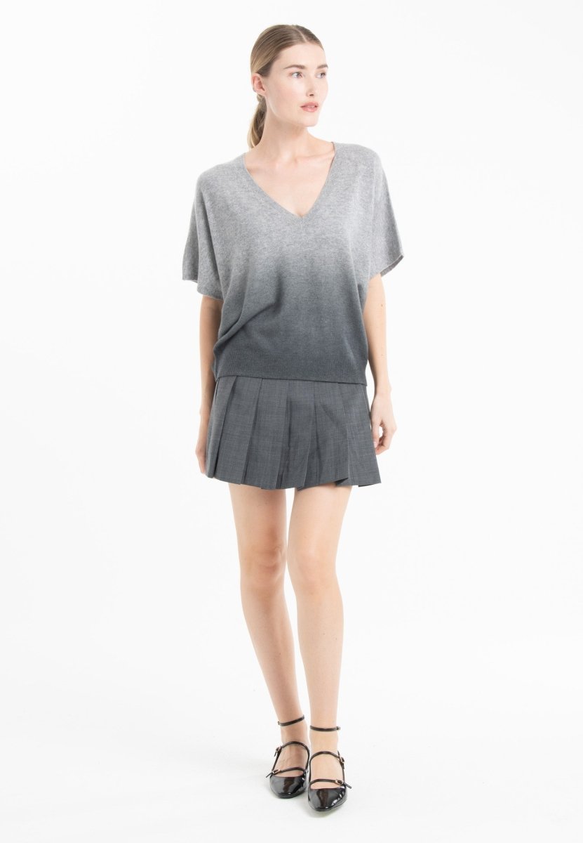 Women's light grey & charcoal grey tie-dye cashmere batwing V-neck jumper - RIA 7B